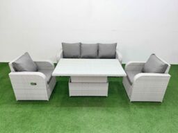 Fimous PE Rattan Garden Furniture Set Reclining Chair Sofa Lounge Sofa Set Adjustable Lifting Dining or Coffee Table Light Grey - thumbnail 1