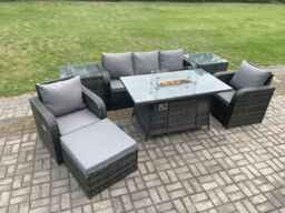 Fimous Wicker Rattan Garden Furniture Sofa Set Gas Fire Pit Dining Table Indoor Outdoor with 2 Side Tables Chair Footstool in Dark Grey - thumbnail 3