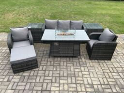 Fimous Wicker Rattan Garden Furniture Sofa Set Gas Fire Pit Dining Table Indoor Outdoor with 2 Side Tables Chair Footstool in Dark Grey - thumbnail 1