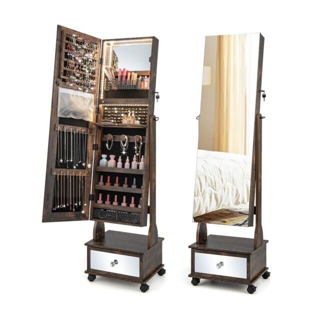 Costway Lockable Jewelry Armoire w/ Full-Length Mirror Mobile Jewelry Cabinet w/ 3-Color Light & Drawer Adjustable Angles in Brown - image 1