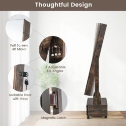 Costway Lockable Jewelry Armoire w/ Full-Length Mirror Mobile Jewelry Cabinet w/ 3-Color Light & Drawer Adjustable Angles in Brown - thumbnail 4