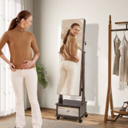 Costway Lockable Jewelry Armoire w/ Full-Length Mirror Mobile Jewelry Cabinet w/ 3-Color Light & Drawer Adjustable Angles in Brown - thumbnail 3