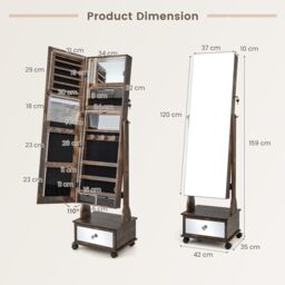 Costway Lockable Jewelry Armoire w/ Full-Length Mirror Mobile Jewelry Cabinet w/ 3-Color Light & Drawer Adjustable Angles in Brown - thumbnail 2