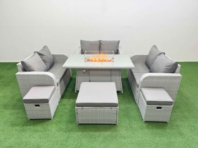 Fimous 9 Seater PE Wicker Rattan Furniture Sofa Sets with Firepit Dining Table 2 Seater Love Sofa 3 Stool Light Grey - image 1
