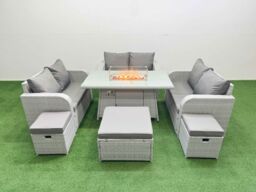 Fimous 9 Seater PE Wicker Rattan Furniture Sofa Sets with Firepit Dining Table 2 Seater Love Sofa 3 Stool Light Grey - thumbnail 2
