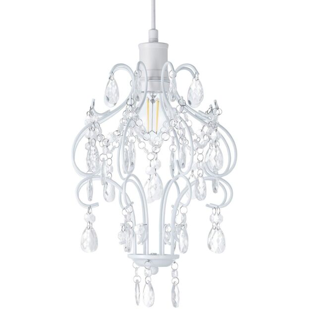 Happy Homewares Traditional Shabby Chic Chandelier Style Pendant Shade with Acrylic Droplets in White - image 1