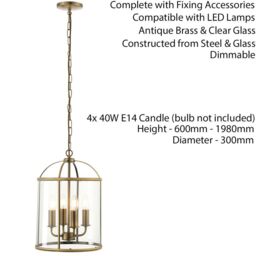 Loops 4 Light Hanging Ceiling Pendant Brass & Glass Lantern Shade Lamp Bulb Holder in Clear - thumbnail 2