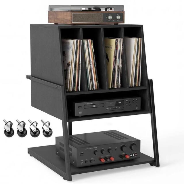 VOGREX Record Player Stand Record Storage Table with Charging Station in Black - image 1