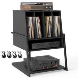 VOGREX Record Player Stand Record Storage Table with Charging Station in Black - thumbnail 1