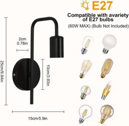COMELY 2 Pack Vintage Wall Lights, Industrial Indoor Wall Lights, E27, Black - thumbnail 2