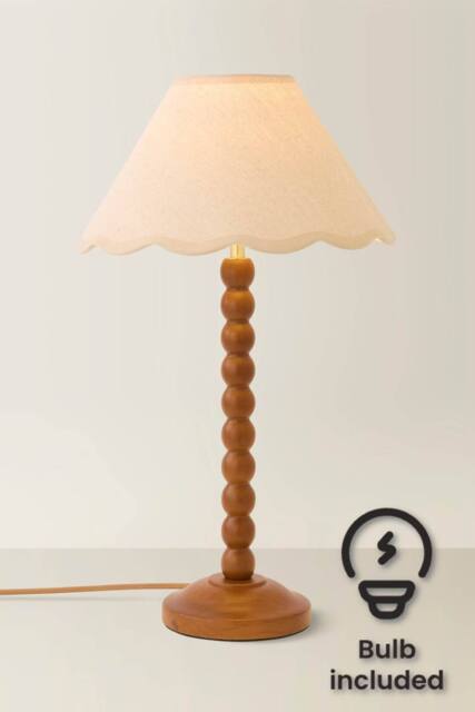 ValueLights Bobbin Colour Trim Linen Shade Walnut Bobble Table Lamp with Bulb in Cream - image 1