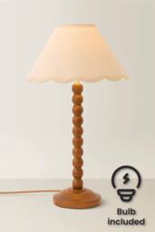 ValueLights Bobbin Colour Trim Linen Shade Walnut Bobble Table Lamp with Bulb in Cream - thumbnail 1
