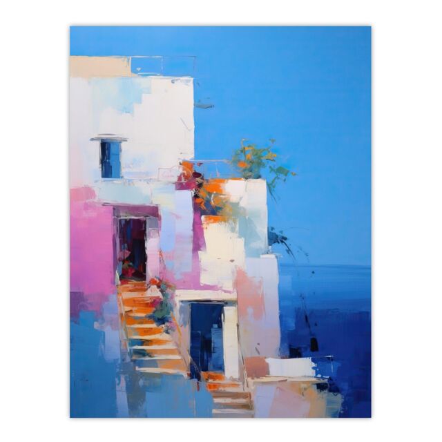 "Wee Blue Coo Wall Art Print Italian Daydream Abstract Oil Painting Blue Pink Orange Summer Holiday Destination Poster - Size: W24"" x H32""" - image 1