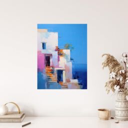 "Wee Blue Coo Wall Art Print Italian Daydream Abstract Oil Painting Blue Pink Orange Summer Holiday Destination Poster - Size: W24"" x H32""" - thumbnail 4