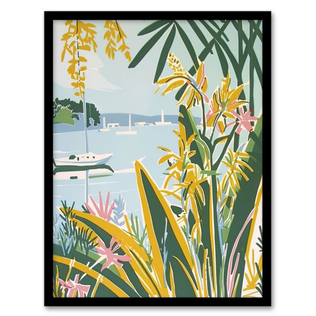 "Artery8 Summer Marina Coastal Wildflowers Pastel Colour Framed Art Print in Green - Size: W12"" x H16""" - image 1