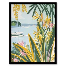 "Artery8 Summer Marina Coastal Wildflowers Pastel Colour Framed Art Print in Green - Size: W12"" x H16""" - thumbnail 1