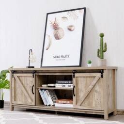 Gymax Modern TV Cabinet for 60 Inch TV Wooden Media Storage Shelves in Beige - thumbnail 6