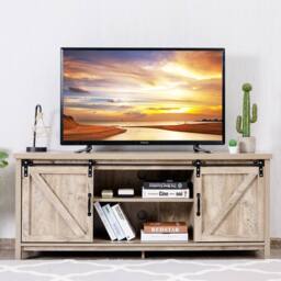 Gymax Modern TV Cabinet for 60 Inch TV Wooden Media Storage Shelves in Beige - thumbnail 7