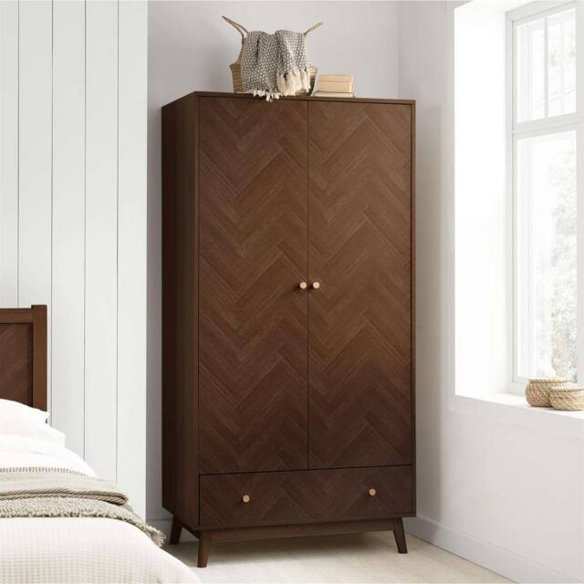 Birlea 2 Door 1 Drawer Walnut Wardrobe Herringford Chevron Parquet in Brown - image 1
