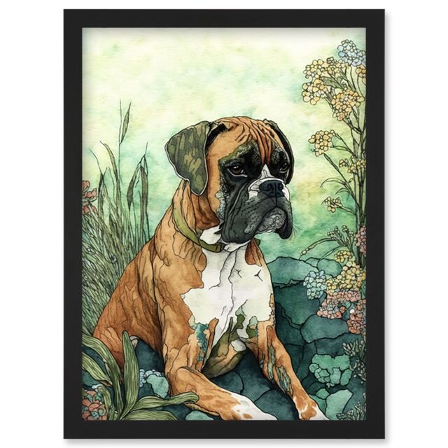 Artery8 Boxer Dog in Flower Field Colourful Watercolour Illustration Artwork Framed Wall Art Print A4 in Black - image 1