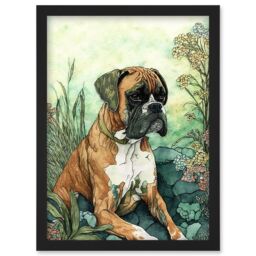 Artery8 Boxer Dog in Flower Field Colourful Watercolour Illustration Artwork Framed Wall Art Print A4 in Black - thumbnail 1