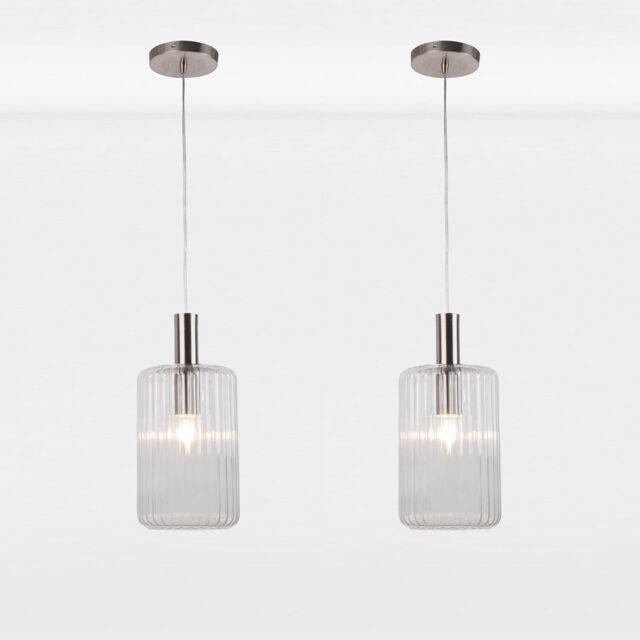 First Choice Lighting Set of 2 Clear & Brushed Chrome Fluted Glass Design Pendant Fittings in Silver - image 1