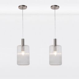 First Choice Lighting Set of 2 Clear & Brushed Chrome Fluted Glass Design Pendant Fittings in Silver