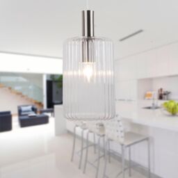 First Choice Lighting Set of 2 Clear & Brushed Chrome Fluted Glass Design Pendant Fittings in Silver - thumbnail 6