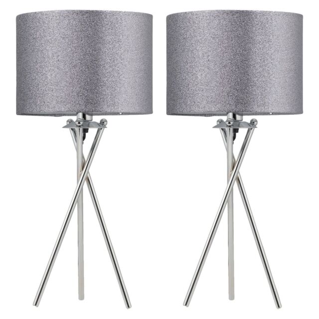 First Choice Lighting Set of 2 Chrome Tripod Table Lamps with Grey Glitter Shades in Silver - image 1