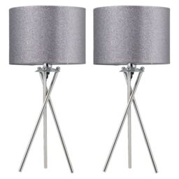 First Choice Lighting Set of 2 Chrome Tripod Table Lamps with Grey Glitter Shades in Silver - thumbnail 1