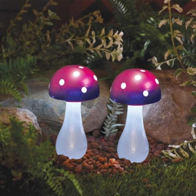 Marco Paul 2 Pack of Purple Resin Mushroom Solar Powered Garden Ornament 28cm - image 1