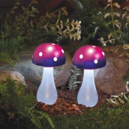 Marco Paul 2 Pack of Purple Resin Mushroom Solar Powered Garden Ornament 28cm