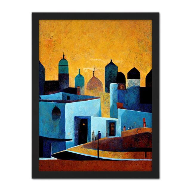 "Artery8 Wall Art Print Moroccan African Cityscape Modern Blue Yellow Large Framed Wall Décor Art in Light Oak - Size: W18"" x H24""" - image 1