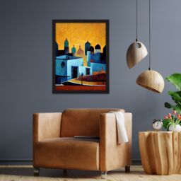 "Artery8 Wall Art Print Moroccan African Cityscape Modern Blue Yellow Large Framed Wall Décor Art in Light Oak - Size: W18"" x H24""" - thumbnail 2