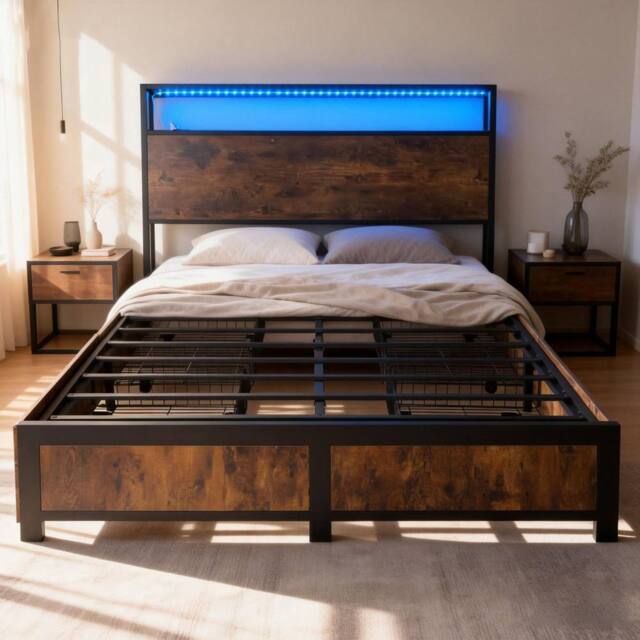 FURNITURE ONE Double Bed Frame with 4 Storage Drawers & Charging Station in Brown - image 1
