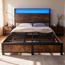 FURNITURE ONE Double Bed Frame with 4 Storage Drawers & Charging Station in Brown - thumbnail 1