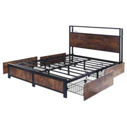FURNITURE ONE Double Bed Frame with 4 Storage Drawers & Charging Station in Brown - thumbnail 4
