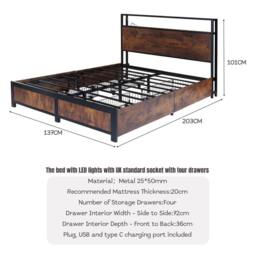 FURNITURE ONE Double Bed Frame with 4 Storage Drawers & Charging Station in Brown - thumbnail 5