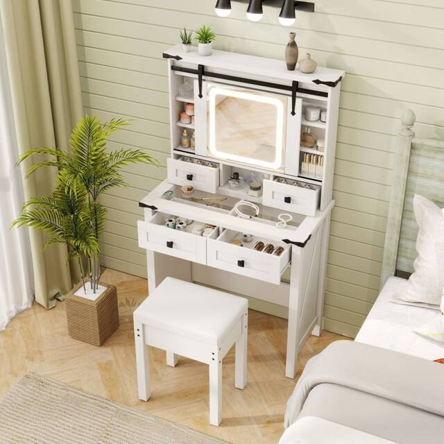 Costway Makeup Vanity Desk Set Wooden Dressing Table & Stool w/Mirror & Lights in White - image 1