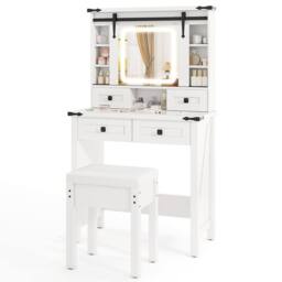 Costway Makeup Vanity Desk Set Wooden Dressing Table & Stool w/Mirror & Lights in White - thumbnail 3