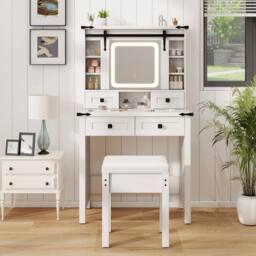 Costway Makeup Vanity Desk Set Wooden Dressing Table & Stool w/Mirror & Lights in White - thumbnail 8