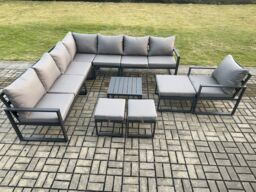 Fimous Aluminium Outdoor Garden Furniture Set Lounge Corner Sofa Square Coffee Table Chair Sets with 3 Footstools Dark Grey - thumbnail 2