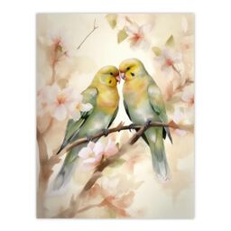 "Artery8 Two Lovebirds Cherry Blossom Watercolour Pair Perched Unframed Wall Art Print Poster Home Decor Premium - Size: W12"" x H16""" - thumbnail 1