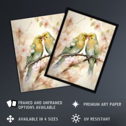 "Artery8 Two Lovebirds Cherry Blossom Watercolour Pair Perched Unframed Wall Art Print Poster Home Decor Premium - Size: W12"" x H16""" - thumbnail 2