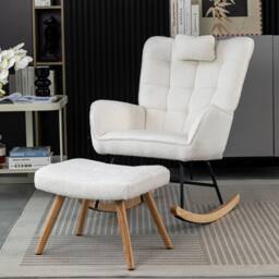 Fascinate White Fabric Rocking Armchair - Ergonomic & Cushioned with Footstool - thumbnail 1