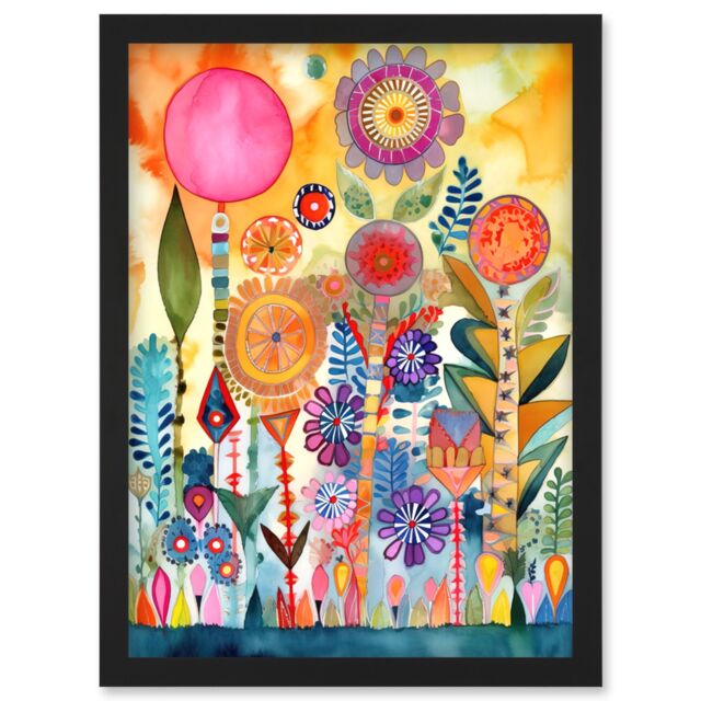 Artery8 Garden Flowers In Spring Folk Art Watercolour Painting Artwork Framed Wall Art Print A4 in Black - image 1