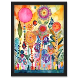 Artery8 Garden Flowers In Spring Folk Art Watercolour Painting Artwork Framed Wall Art Print A4 in Black - thumbnail 1