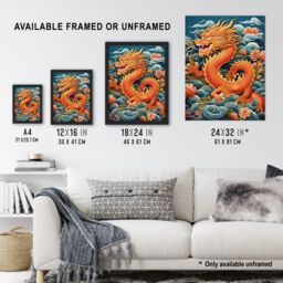 Artery8 Wall Art Print Fantasy China Dragon Traditional Orange Clouds 2024 China Year Of The Dragon Art Framed in Red - Size: A4 - thumbnail 3