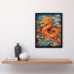 Artery8 Wall Art Print Fantasy China Dragon Traditional Orange Clouds 2024 China Year Of The Dragon Art Framed in Red - Size: A4 - thumbnail 4