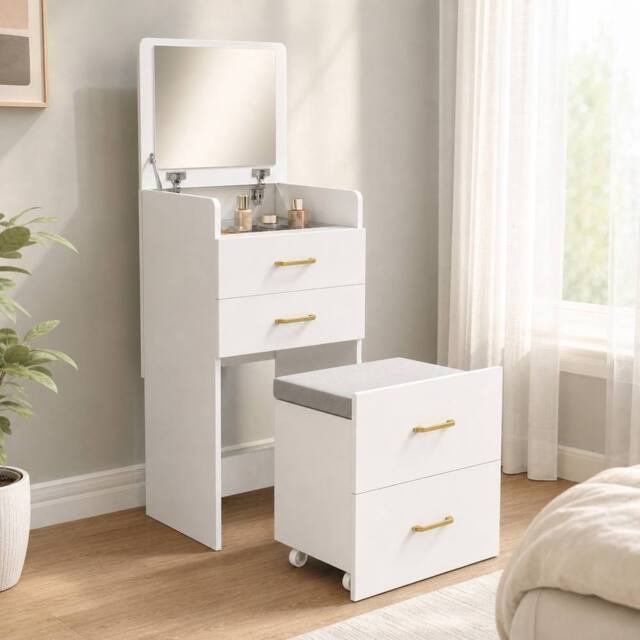 STILVORA Dressing Table with Glass Top, Drawers & Stool in White - image 1